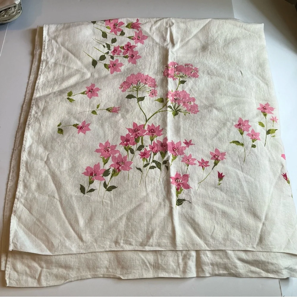 Vintage Linen Square Tablecloth with Pink Flowers